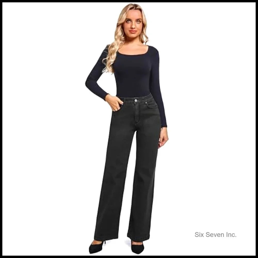 Straight Leg High Waisted Stretch Jeans Pull On Casual Chic Classic Fit